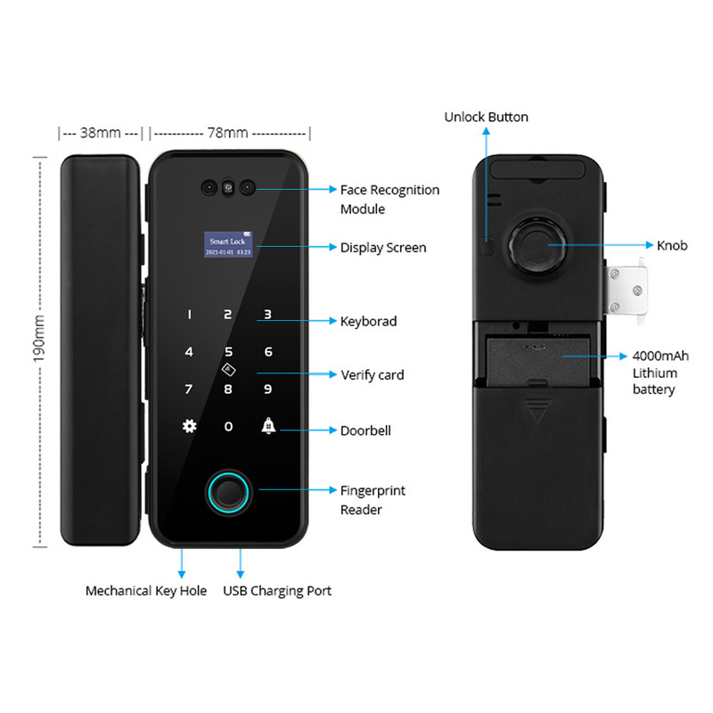 Czarny szklany zamek do drzwi Tuya Smart Lock Home Security 3D Face Digital Fingerprint
